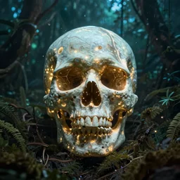 glowing skull in a night jungle underwater