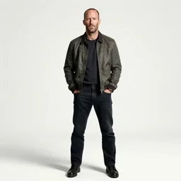 jason statham in full - length hands in pockets stands on a white background on the inscription no. 1 in a jacket with an important face, realism, detailed study, maximum detail, quality, high quality, soft light, depth of field, focus, realism, 8 k quality, classicism style,