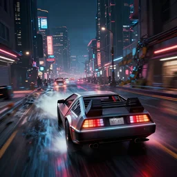 photo of the back to the future combat delorean driving on wet post apocalyptic dystopian cyberpunk city streets at night, rocket league, mad max, action, speed, volumetric lighting, hdr, gta 5, makoto shinkai, syd mead, craig mullins, cinematic, fast and furious, octane, 8 k, iso 1 0 0, 1 2 mm