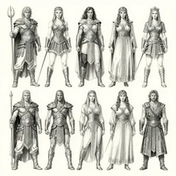detailed pencil spot illustrations of various character concepts from the xena warrior princess and russian culture crossover, various poses, by burne hogarth, by bridgeman, by anthony ryder, by yoshitaka amano, by ruan jia, by conrad roset, by mucha, cgsociety, artstation.
