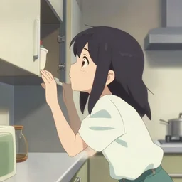 anime film visual illustration of a young woman looking in a kitchen cabinet from a distance, cute face by ilya kuvshinov, makoto shinkai, kyoani, dynamic pose, crisp and sharp, yoshinari yoh, rounded eyes, anime poster, ambient light, temporal antialiasing, focused, flat, cel shaded