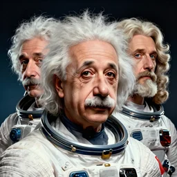 head and shoulders masterpiece portrait of Albert Einstein and Isaac Newton wearing a spacesuit, surreal background, digital art by Krenz Cushart, trending on artstation, cgsociety,