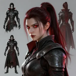 a digital art portrait of a young vampire warrior with red eyes and ponytail hairstyle character design from dark souls, blood mage character sheet, 4 k, ultra detail, volumetric lighting, unreal engine, octane render