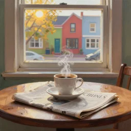 “ photorealistic painting of a breakfast table with a steaming cup of coffee and a newspaper. the window behind it shows a colorful neighborhood with sun shining in the window ”