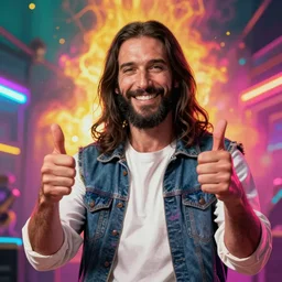 synthwave jesus with two thumbs up