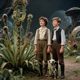 detailed, sharp, a girl with short hair, and a boy standing next to some strange wild alien plants, looking happy, wearing 1860s era clothes, their small pet tiny alien creature is standing nearby, in a park on a strange alien planet, extremely highly detailed, in focus faces, 70mm still from a classic period sci fi color blockbuster movie, 4k, 35mm macro lens, high quality lighting, sharp focus