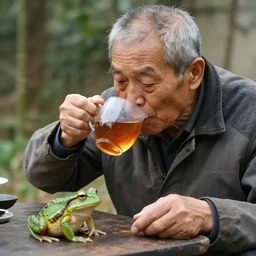 old man drinking tea with a frog