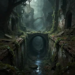 inside the old sewers in the ruined part of the city. fantasy art, dripping water, vines, ruins, abandoned spaces, darkness and light, dungeons and dragons.
