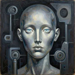 a portrait headshot of sci fi metallic human, bright eyes, melancholic complex geometric figure liminal machinery by oskar schlemmer, moebius, john berkey, teamlab, oil on canvas, portrait facial head, featured on artstation, hd wallpaper