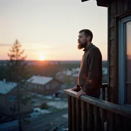 4 0 years russian man with beard and sweater standing on small hrushevka 9 th floor balcony in taiga looking at sunset, award - winning lomographic tarkovsky film still, kodak ektar, bokeh