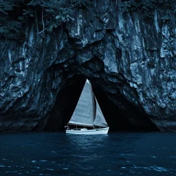photorealistic blue - toned photo of a 1 9 2 5 bay boat sailing near a jamaican cliff with the mouth of a sea cave at the waterline, dark, brooding, atmospheric, lovecraft, horror, smooth, epic, highly detailed, cinematic, by clyde caldwell
