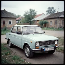 a lomographic photo of old polonez polish car standing in typical soviet yard in small town, hrushevka on background, cinestill, bokeh