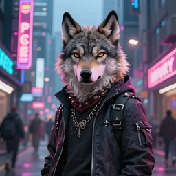 beautiful furry digital art portrait of an androgynous furry anthro wolf fursona both wearing punk clothes in the streets of a cyberpunk city. neon signs.