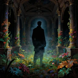 a silhouette standing in a dark baroque neoclassicist halls overgrown with colorful swamplife. close - up view, detailed iridescent textures. glowing fog, dark black background. highly detailed fantasy science fiction painting by moebius, norman rockwell, frank frazetta, and syd mead. rich colors, high contrast