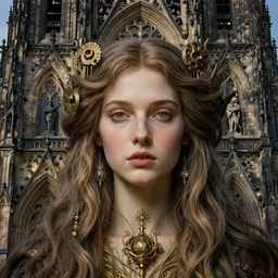 hyperrealistic detailed face portrait of a beautiful long haired young goddess morphing into a gothic cathedral, authentic ornamental architecture, art by ernst haeckel, john william godward, h. r. giger, gothic, neo - gothic, heavily ornamental,
