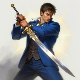a man in a blue suit wielding a jeweled sword and a pistol, fantasy, digital painting, volumetric light, intricate, sharp, focus, bloom, illustration, highly detailed, concept art, matte, ruan jia, randy vargas, greg rutkowski