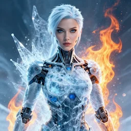 woman portrait made out of ice and fire, beautiful, cyborg, comic book art, highly detailed