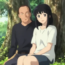 photorealistic giancarlo esposito meets a beautiful smiling anime girl with black hair and hime cut sitting under a tree, anime key visual, digital art, anime screenshot, kyoto animation, makoto shinkai, trending on artstation