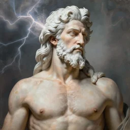 painted portrait of rugged zeus, god of thunder, greek god, white hair, masculine, mature, handsome, upper body, short hair, muscular, hairy torso, fantasy, intricate, elegant, highly detailed, digital painting, artstation, concept art, smooth, sharp focus, illustration, art by gaston bussiere and alphonse mucha