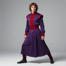 full body portrait of a 30 year old RASPUTIN in a STOIC POSE, wearing a highly detailed deep purple and crimson robe with cloak with gold filgree. Sword on Rasputin's back. Cinematic dynamic lighting with backlight. ACTION POSE. portrait by Annie Leibovitz