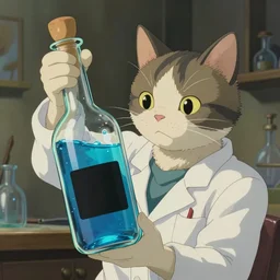 a cat dressed as a scientist filling a modern bottle with iridescent blue liquid, there is a black squared sticker on the bottle, art by studio ghibli and j. c. leyendecker and greg rutkowski and artgerm and aenaluck, portrait, d & d, fantasy, highly detailed, digital painting, headshot, trending on artstation, concept art, sharp focus
