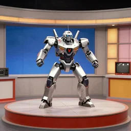 armored core v robot dancing on the small stage in the tv studio. funny tv show in 9 0 s. color vhs footage.