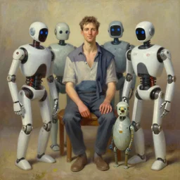 oil painting of a humans and robots living together, octane rendering, trending on artstation, thomas kinkade and james gurney