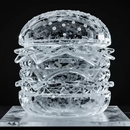 a clear ice sculpture of a burger, 4 k