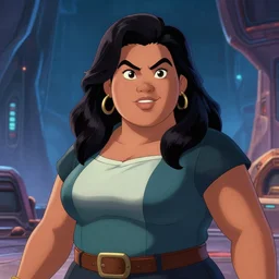 welcoming heavy filipina - american woman character portrait, by don bluth, sci - fi environment, highly detailed, dynamic shadows, 4 k, wallpaper - 1 0 2 4