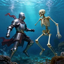 a human knight!!, and a human skeleton!!!!!!!!!!!, fighting underwater!!!!!!!!, dynamic lighting, dynamic colors, caustics, 4 k, trending on artstation