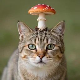 a small domestic housecat with a mushroom growing atop its head