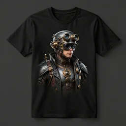 mockup of a black tshirt with a hyperdetailed portrait of a steampunk robot by robert crumb, 8 k, symetrical, flourescent colors, happy trippy mood, multicolored,