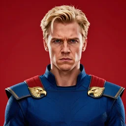 portrait of a blonde masculine man two sides hair and thin face lines, he is angry, he wears a blue costume, with golden eagles head on the shoulders in shoulder pads, 8 k, hyper realistic, movie imax shot, film, cinematography, red