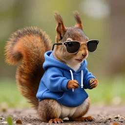 anthropomorphic squirell wearing a hoodie and sunglasses