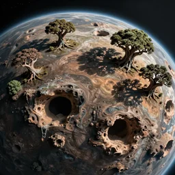 surface of an alien planet with caves and alien trees t