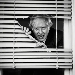 window blinds in a house being pulled back to reveal a terrifying boris johnson with his face pressed against the window with his hand on the window and a horrifying grin. horror, black and white