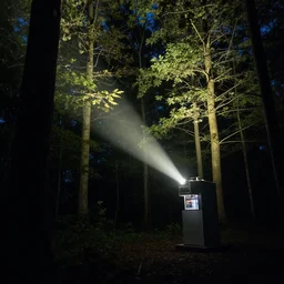 teleportation machine in a forest at night, light shining from the machine and illuminating the trees by john philip falter