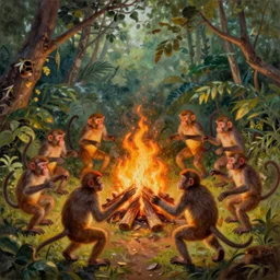 oil painting of 12 monkeys dancing around a fire in the jungle