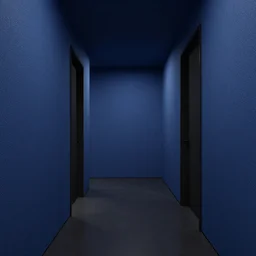 minimalist hallway, navy blue and black aesthetic, unknown location, clean, stucco walls, shiny floors, cinematic