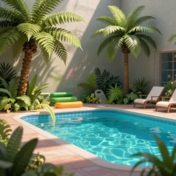 3d render of indoor pool with ferns and palm trees, pool tubes, chromatic abberation, dramatic lighting, depth of field, 80s photo