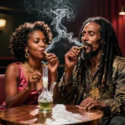 Rosa Parks smoking cannabis from a bong , next to Bob Marley; cinema film; art direction; dramatic Studio lighting by John Gaeta