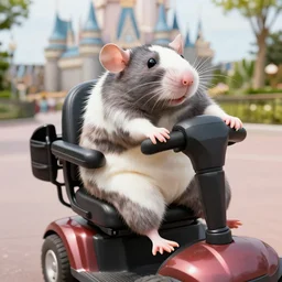 morbidly obese rat riding a mobility scooter at disneyworld, photo