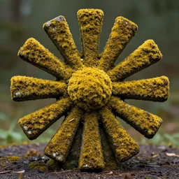 radial statue with yellow moss
