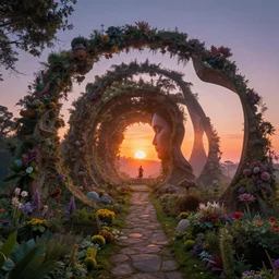 a bit flip at the end of time and space where we found the portal to the illusion of it all, surreal, fantasctic, notan, 8 k, sunrise, sunset, godhead, garden of enchantment, multiple plane warped perspective, fractal, enlightenment