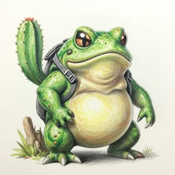 A Dark Souls colored-pencil drawing of a pot-bellied Acid-Bucket-Wielding Cactus-Toad-Demon