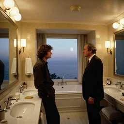 photorealistic ultra wide cinematography of the overlook hotel from stanley kubrick's 1 9 8 0 film the shining, inside the bathroom shot on 3 5 mm eastman 5 2 4 7 film by the shining cinematographer john alcott shot on a wide kinoptik tegea 9. 8 mm lens. with golden ratio composition