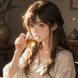 anime girl is drinking tea