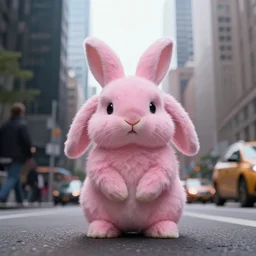 a fluffy pink rabbit in the middle of a busy street with skyscrapers, low angle camera, cinematic, very detailed, 8 k, depth of field