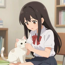Anime key visual of a moe character girl, is petting a white ragdoll cat. from Sanrio Gensokyo as a Moe Anime girl, 4K, HD, pixiv, wallpaper, official media | sanrio glitchcore yokai girl, shadowverse character concept, found footage horror, glitter gif