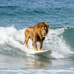 A lion on a surfboard riding a wave in the ocean,